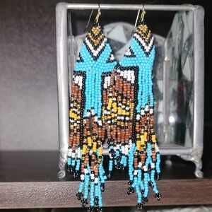 Handcrafted Beaded Earrings - Blue, Brown, Black